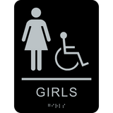 Girls washroom Braille sign text black background with silver female graphic, wheelchair symbol and braille. with adhesive back for easy install.