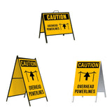 Caution Overhead Power Lines A-Frame Sign Stand is a durable steel black A-Frame sign stand with a double-sided sign message Caution Overhead Powerlines in black letters and graphic with arrow up on a yellow background.