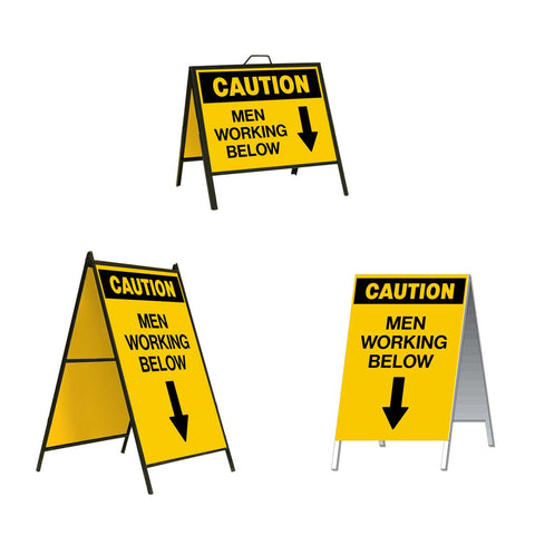 Caution Men Working Below with Down Arrow A-Frame Sign Stand is a durable steel black A-Frame sign stand with a double-sided sign message Caution Men Working Below with arrow down in black letters and arrow on a yellow background.