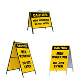 Caution Men Working Do Not Enter A-Frame Sign Stand is a durable steel black A-Frame sign stand with a double-sided sign message Caution Men Working Do Not Enter in black letters on a yellow background.