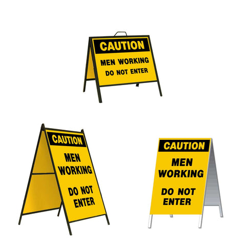 Caution Men Working Do Not Enter A-Frame Sign Stand is a durable steel black A-Frame sign stand with a double-sided sign message Caution Men Working Do Not Enter in black letters on a yellow background.