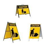 Caution Roadwork Symbol A-Frame Sign Stand is a durable steel black A-Frame sign stand with a double-sided sign message Caution Roadwork or People Working graphic in black on a yellow background.