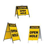 Caution Open Hole A-frame Sign Stand is a durable steel black A-Frame sign stand with a double-sided sign message Caution Open Hole in black letters on a yellow background.