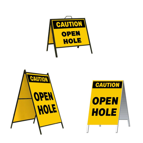 Caution Open Hole A-frame Sign Stand is a durable steel black A-Frame sign stand with a double-sided sign message Caution Open Hole in black letters on a yellow background.