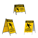 Caution Slippery Surface A-Frame Sign Stand is a durable steel black A-Frame sign stand with a double-sided sign message Caution Slippery Surface with person slipping graphic in black letters and graphic on a yellow background.