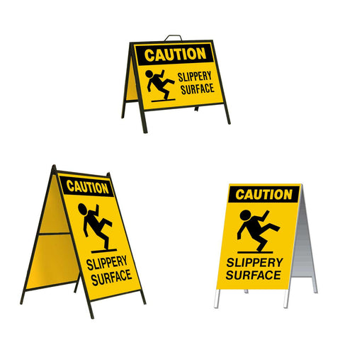 Caution Slippery Surface A-Frame Sign Stand is a durable steel black A-Frame sign stand with a double-sided sign message Caution Slippery Surface with person slipping graphic in black letters and graphic on a yellow background.