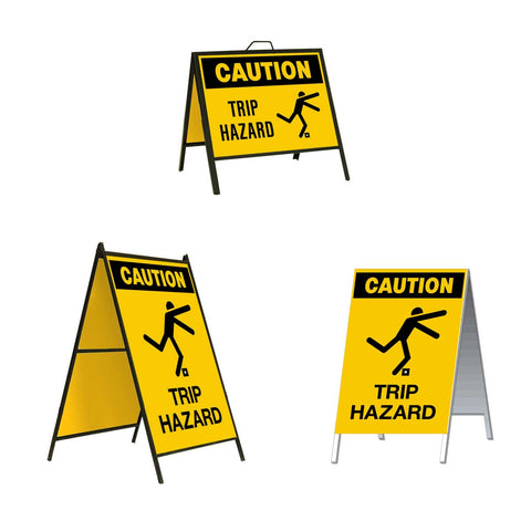 Caution Trip Hazard A-Frame Sign Stand is a durable steel black A-Frame sign stand with a double-sided sign message Caution Trip Hazard with person tripping graphic in black letters and graphic on a yellow background.