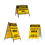Caution Construction Area A-Frame Sign Stand is a durable steel black A-Frame sign stand with a double-sided sign message Caution Construction Area Authorized Personnel Only in black letters on a yellow background.