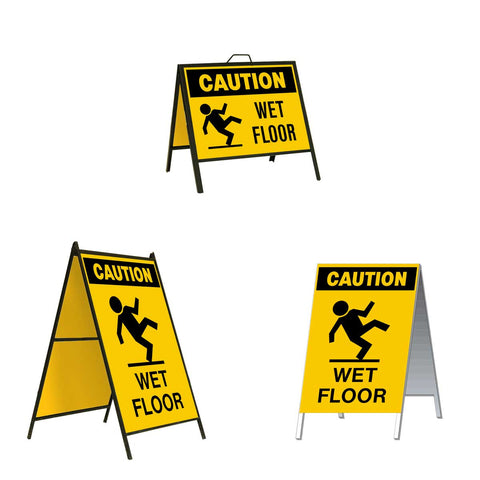 Caution Wet Floor A-Frame Sign Stand is a durable steel black A-Frame sign stand with a double-sided sign message Caution Wet Floor with person slipping graphic in black letters and graphic on a yellow background.