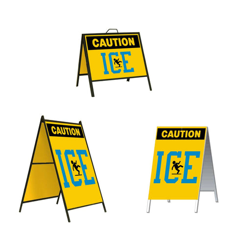 Caution Ice with Blue Text A-Frame Sign Stand is a durable steel black A-Frame sign stand with a double-sided sign message Caution Ice in blue text with person slipping graphic in black on a yellow background.