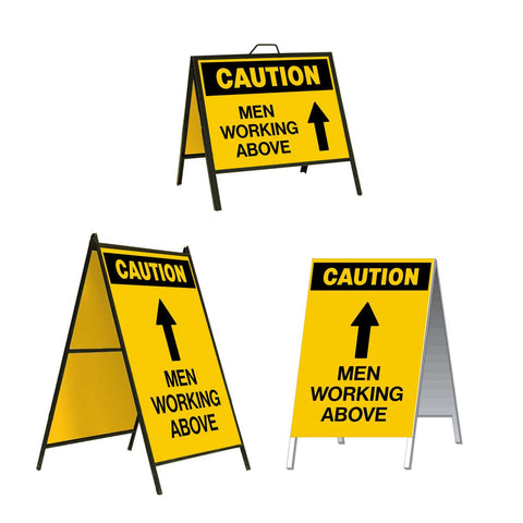 Caution Men Working Above with up Arrow A-Frame Sign Stand is a durable steel black A-Frame sign stand with a double-sided sign message Caution Men Working Above with arrow up in black letters and arrow on a yellow background.