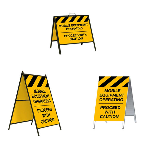 Mobile Equipment Operating Proceed with Caution A-Frame Sign Stand is a durable steel black A-Frame sign stand with a double-sided sign message Mobile Equipment Operating Proceed with Caution in black letters with Caution stripe border at the top on a yellow background.