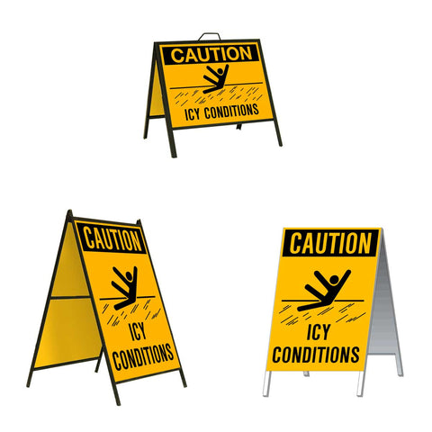 Caution Icy Conditions with Person Slipping Graphic A Frame Sign Stand is a durable steel black A-Frame sign stand with a double-sided sign message Caution Icy Conditions in black letters and graphic on a yellow background.