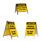 Caution People Working Do Not Enter A-Frame Sign Stand is a durable steel black A-Frame sign stand with a double-sided sign message Caution People Working Do Not Enter in black letters and graphic on a yellow background.
