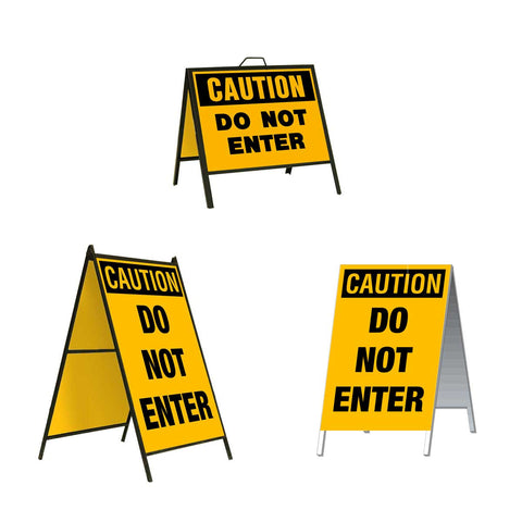 Caution Do Not Enter A-Frame Sign Stand is a durable steel black A-Frame sign stand with a double-sided sign message Caution Do Not Enter in black letters on a yellow background.