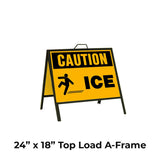 Caution Ice with a graphic of a Person Sliding A-Frame Sign Stand