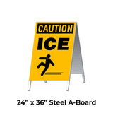 Caution Ice with a graphic of a Person Sliding A-Frame Sign Stand