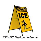 Caution Ice with a graphic of a Person Sliding A-Frame Sign Stand