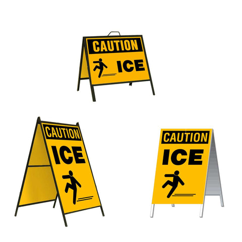 Caution Ice with a graphic of a Person Sliding A-Frame Sign Stand is a durable steel black A-Frame sign stand with a double-sided sign message Caution Ice with person slipping graphic in black letters and graphic on a yellow background.