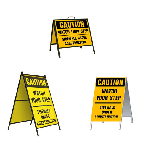 Caution Watch Your Step Sidewalk Under Construction A-Frame Sign Stand is a durable steel black A-Frame sign stand with a double-sided sign message Caution Watch Your Step Sidewalk Under Construction in black letters on a yellow background.