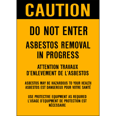Caution sign warning of asbestos removal in progress with multiple languages.