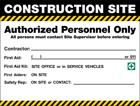 Blank construction site access sign with hazard border and space for custom messaging