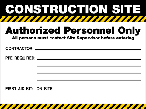 Blank construction site access safety sign with black background and yellow hazard border