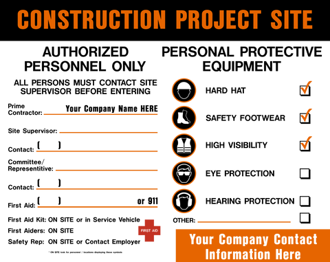Construction project site access sign in black and orange with PPE icons and contact information area