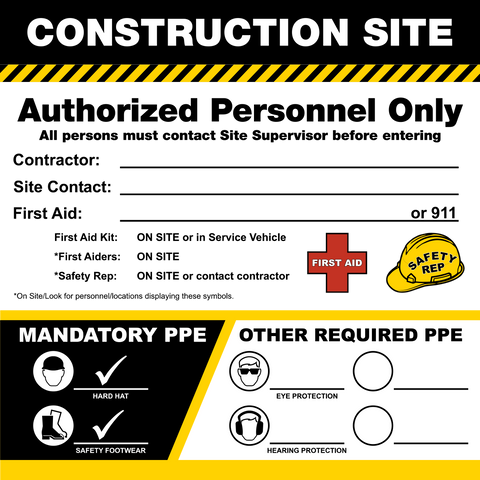 Construction site access sign with PPE icons and additional requirement fields for customization