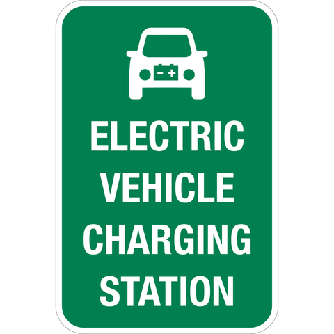 This is a rectangle shape sign with white text saying electric vehicle charging station on a green background. This sign can be reflective or non-reflective. 