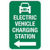 This is a rectangle shape sign with white text saying electric vehicle charging station and a left pointing arrow on a green background. This sign can be reflective or non-reflective. 
