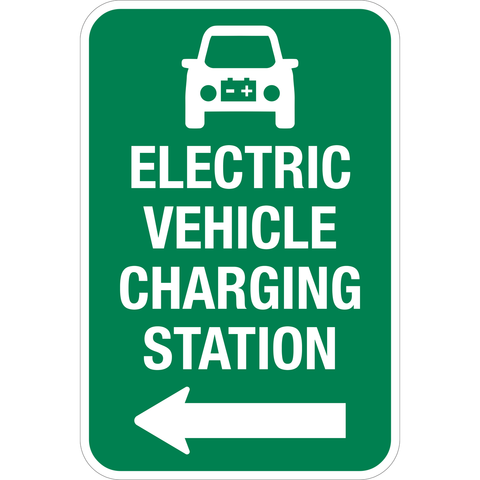 This is a rectangle shape sign with white text saying electric vehicle charging station and a left pointing arrow on a green background. This sign can be reflective or non-reflective. 