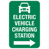This is a rectangle shape sign with white text saying electric vehicle charging station and a right pointing arrow on a green background. This sign can be reflective or non-reflective. 