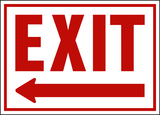 Red Text saying "EXIT" and a red left pointing arrow on a white background