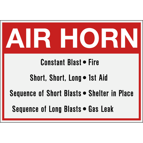 A rectangular air horn signal reference sign with a red header reading 'AIR HORN' and black text below listing different blast sequences and meanings.