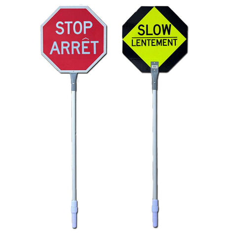 Stop/Slow Paddle Bilingual Work Zone Sign is double-sided with High Intensity Prismatic (HIP) reflective red on the STOP ARRET side and HIP fluorescent yellow on the SLOW LENTEMENT side, on aluminum for high visibility in construction work zones.