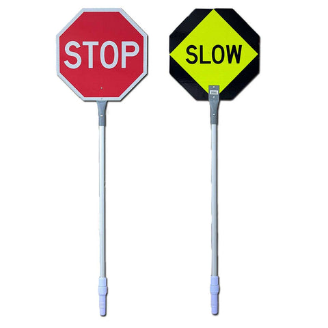 Stop/Slow Paddle Work Zone Sign is double-sided with High Intensity Prismatic (HIP) reflective red on the STOP side and HIP fluorescent yellow on the SLOW side, on aluminum for high visibility in construction work zones.