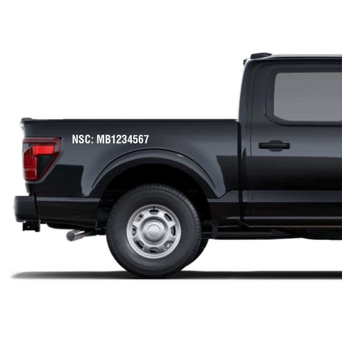NSC National Safety Code Number Vehicle Decal must be at least 5 cm (2") tall and have a color that contrasts with the vehicle background color. One NSC number is required on each side of the vehicle and must be in one of the accepted formats. Price of the decals is 2 per set.