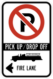 This no parking fire lane sign indicates there is only drop off and pick up only and has a left pointing arrow. It is a rectangle shape sign with black text on a white background.