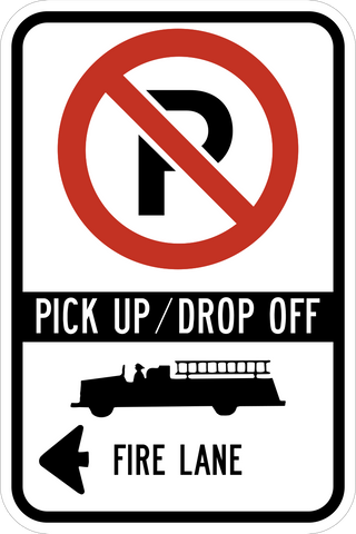 This no parking fire lane sign indicates there is only drop off and pick up only and has a left pointing arrow. It is a rectangle shape sign with black text on a white background.