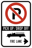 This no parking fire lane sign indicates there is only drop off and pick up only and has a right pointing arrow. It is a rectangle shape sign with black text on a white background.
