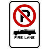 This no parking fire lane sign features a no parking symbol a fire truck and left and no arrows.