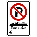 This no parking fire lane sign features a no parking symbol a fire truck and left corner arrow.
