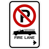 This no parking fire lane sign features a no parking symbol a fire truck and left and right arrow.