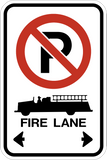 This no parking fire lane sign features a no parking symbol a fire truck and left and right corner arrows.