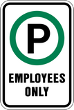 The employees only parking sign Parking permitted symbol and black text on a white background with left and no corner arrows