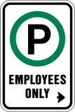 The employees only parking sign Parking permitted symbol and black text on a white background with left and right corner arrows