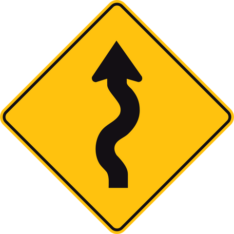 Warning Traffic sign that has a high visibility yellow background with black graphics indicating a road winds left