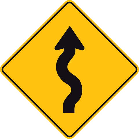 Winding Road Right Warning Traffic Sign. A diamond shaped sign with black graphics on a high intensity prismatic reflective yellow background