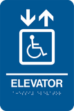 Rectangle Shape wheelchair elevator Braille sign. Blue background with white wheelchair graphic and up and down arrows, text and braille. With adhesive back for easy install.